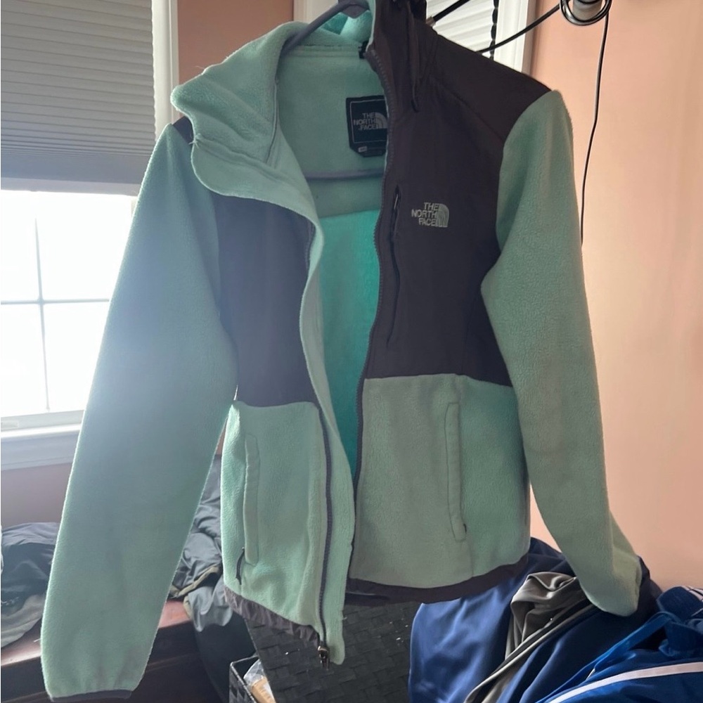 The North Face Women's Green and grey fleece jacket.